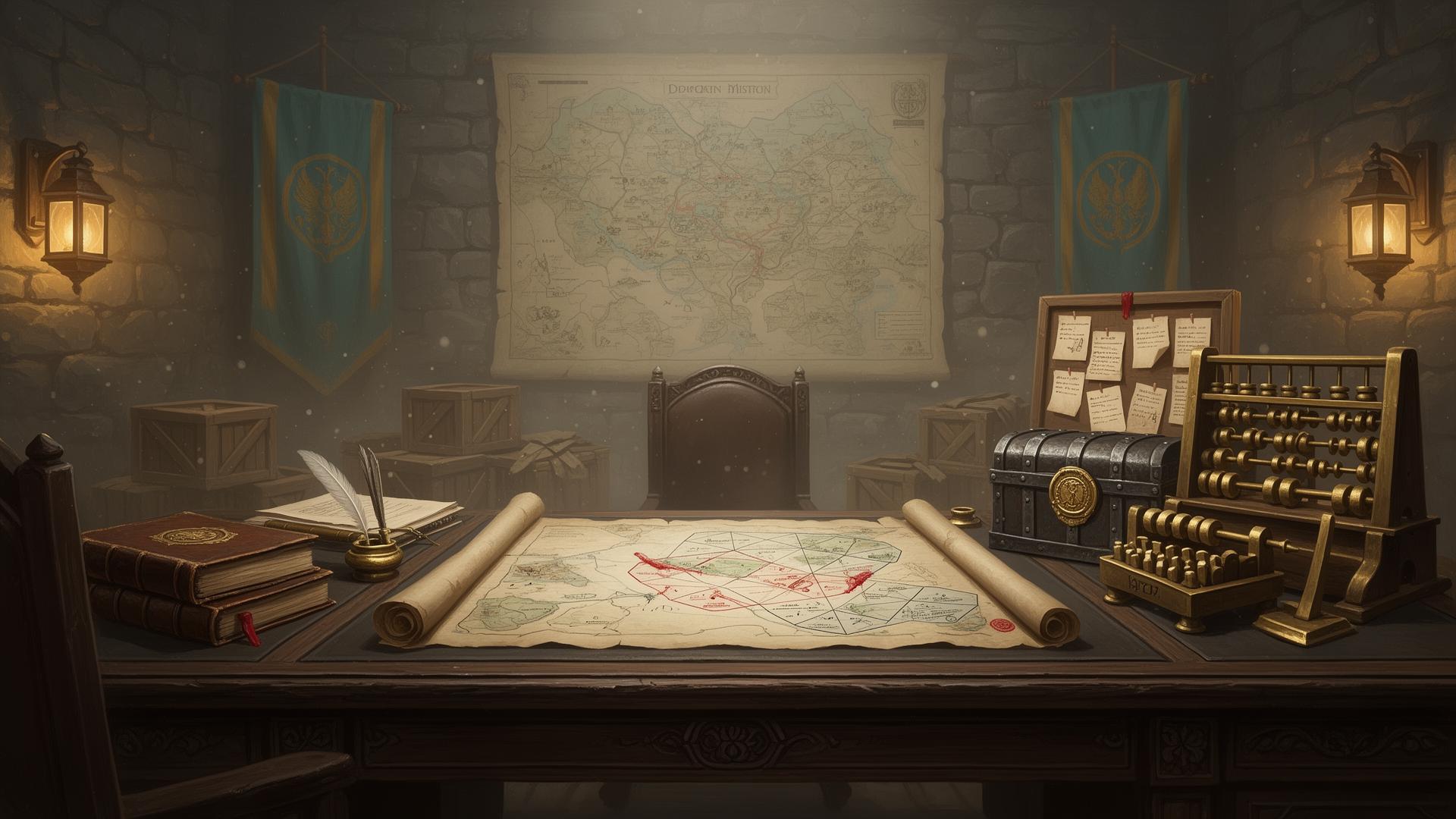 Officer's war room: parchment tactical map on the wall, oak desk with ledger, treasury chest, supply crates, and dispatch board